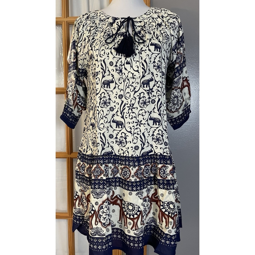 True Destiny Floral Ethnic Mini Dress Sz L Cold Shoulder Elephant Blue Classic